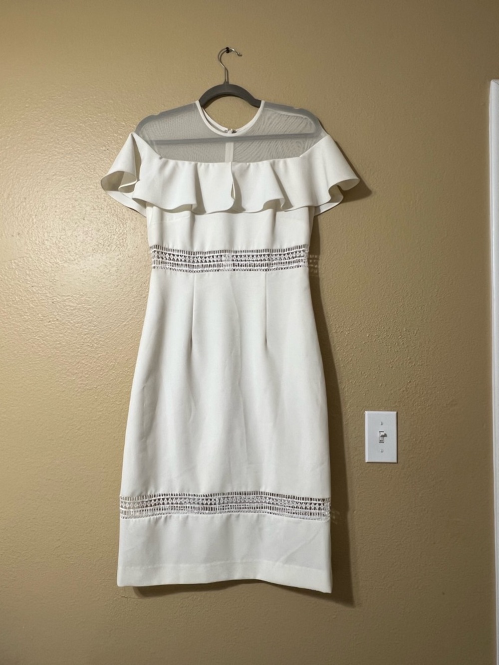 Nicole Miller Cream Off-Shoulder Midi Dress with Lace Insets